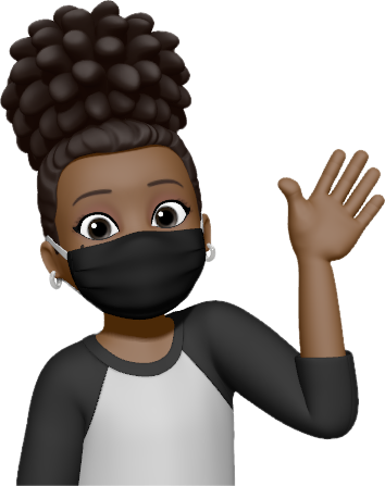 Digital cartoon avatar of a Black woman with her hair in a puff on top of her head. She is waving, wearing a black earloop mask and black and white long sleeved shirt.